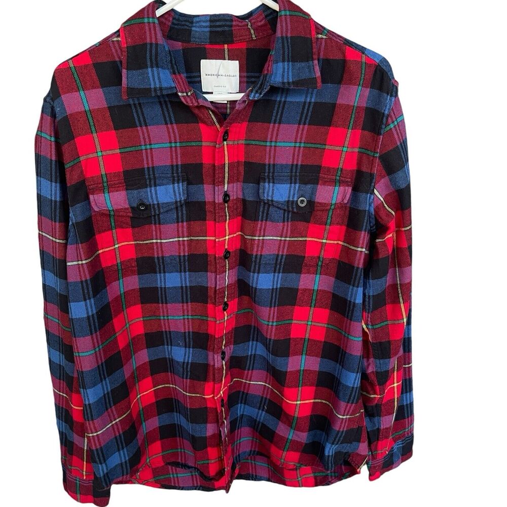 American Eagle Flannel Shirt Mens Large Classic Fit Plaid Button‎ Up Cotton